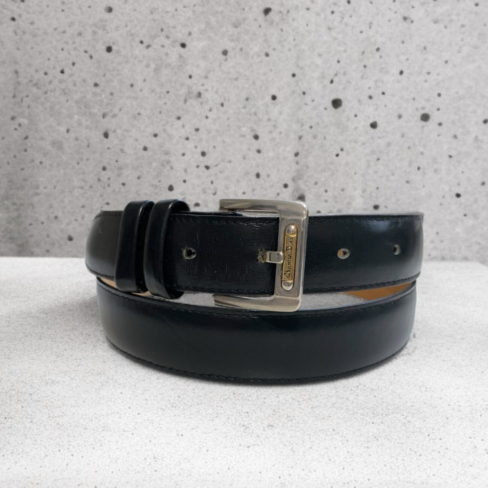 Vintage Christian Dior Black Leather Belt With Nickle & Gold Tone Buckle